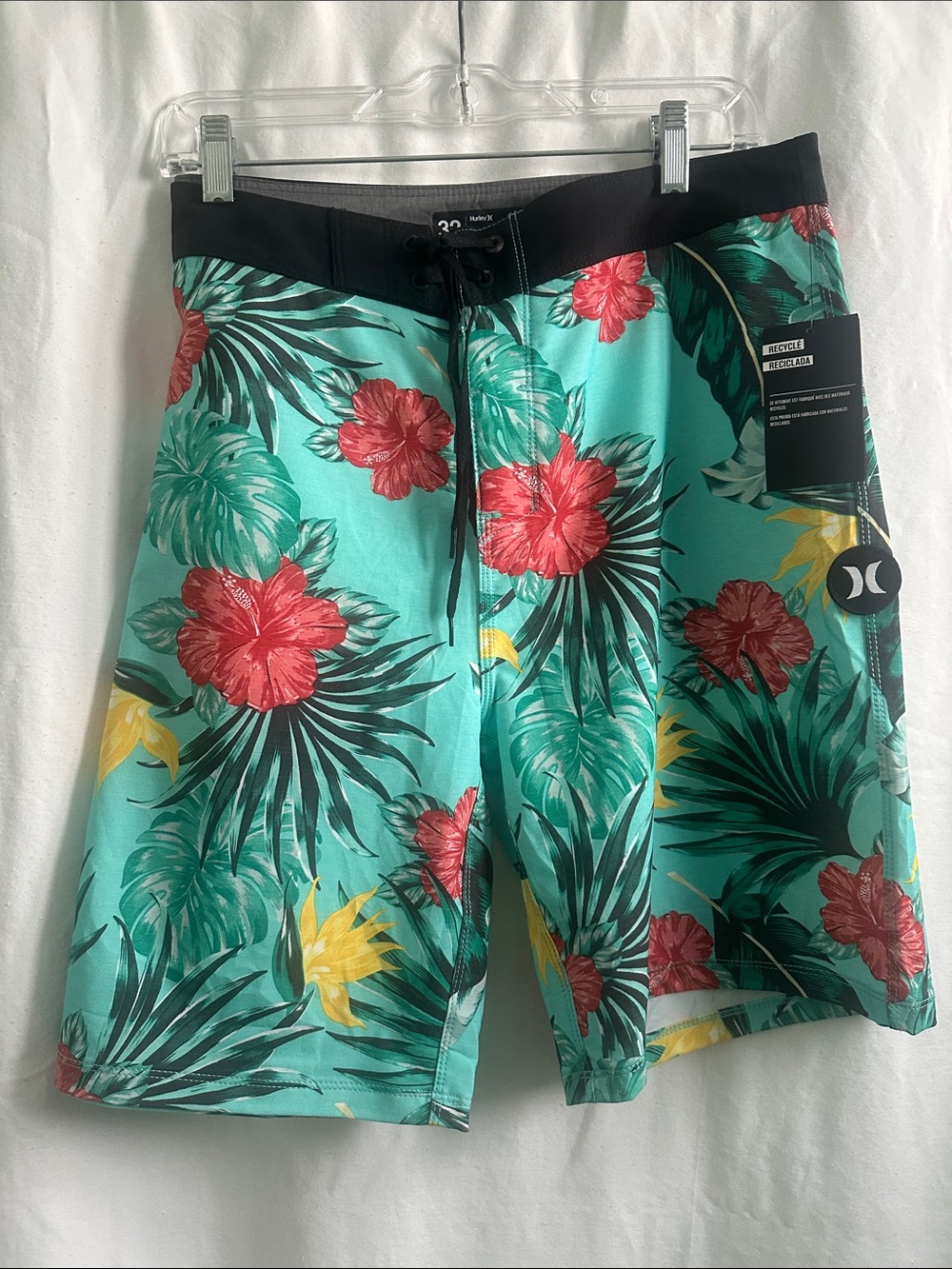 Hurley Teal Tropical Floral Board Shorts with Black Waist